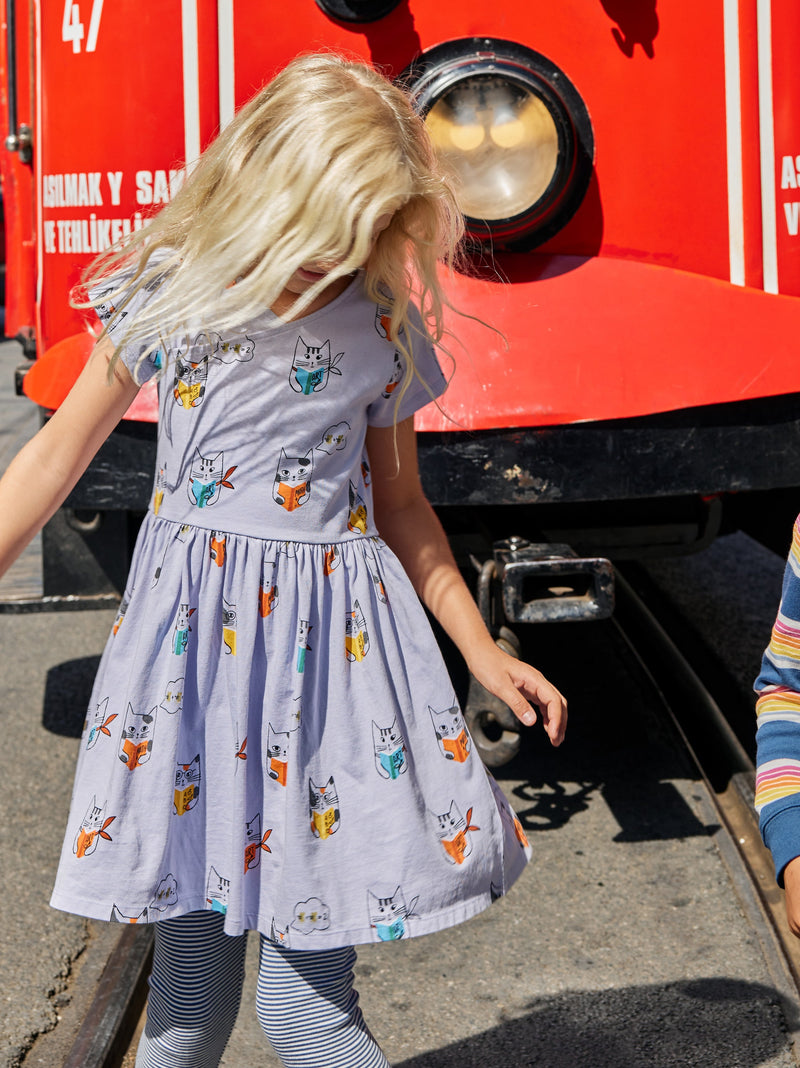 Short Sleeve Wrap Neck Dress in Smarty Cats - View 2