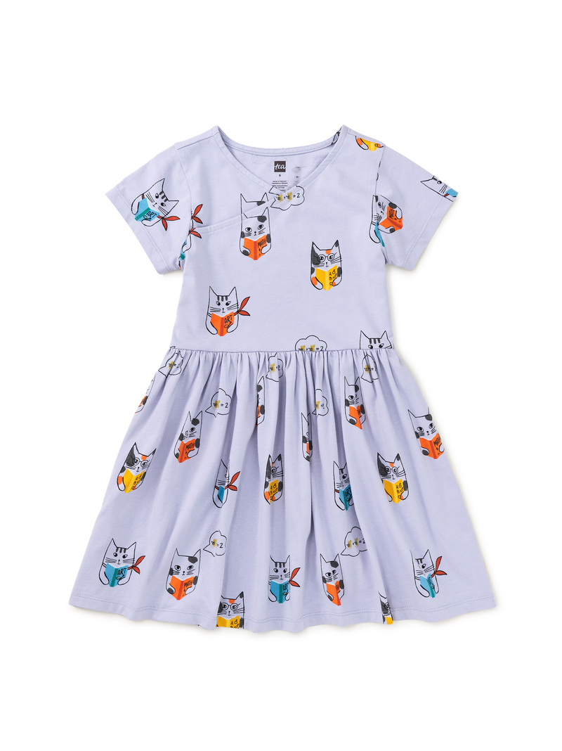 Short Sleeve Wrap Neck Dress in Smarty Cats - View 1