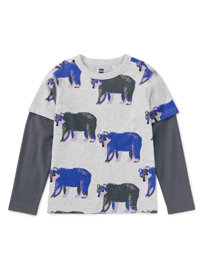 Printed Layered Sleeve Tee in Bushy Bear In Heather Gray - View 1