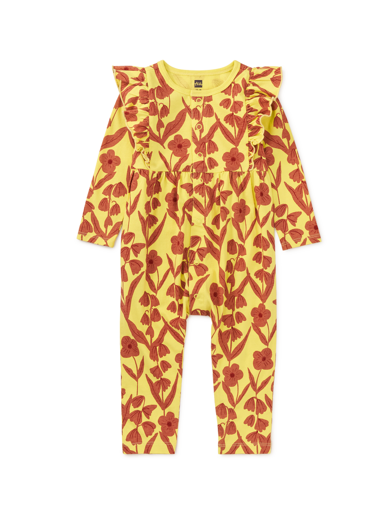 Snap Front Ruffle Baby Romper in Turkish Floral In Lemongrass - View 1
