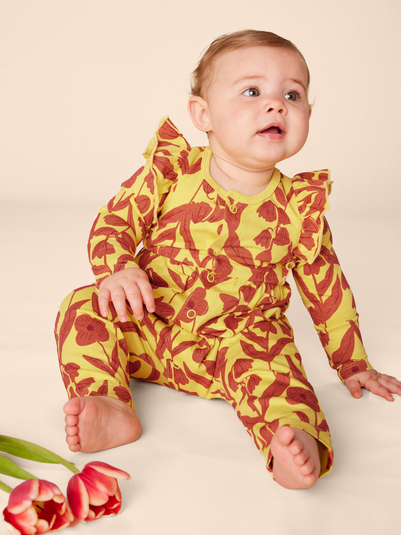 Snap Front Ruffle Baby Romper in Turkish Floral In Lemongrass - View 2