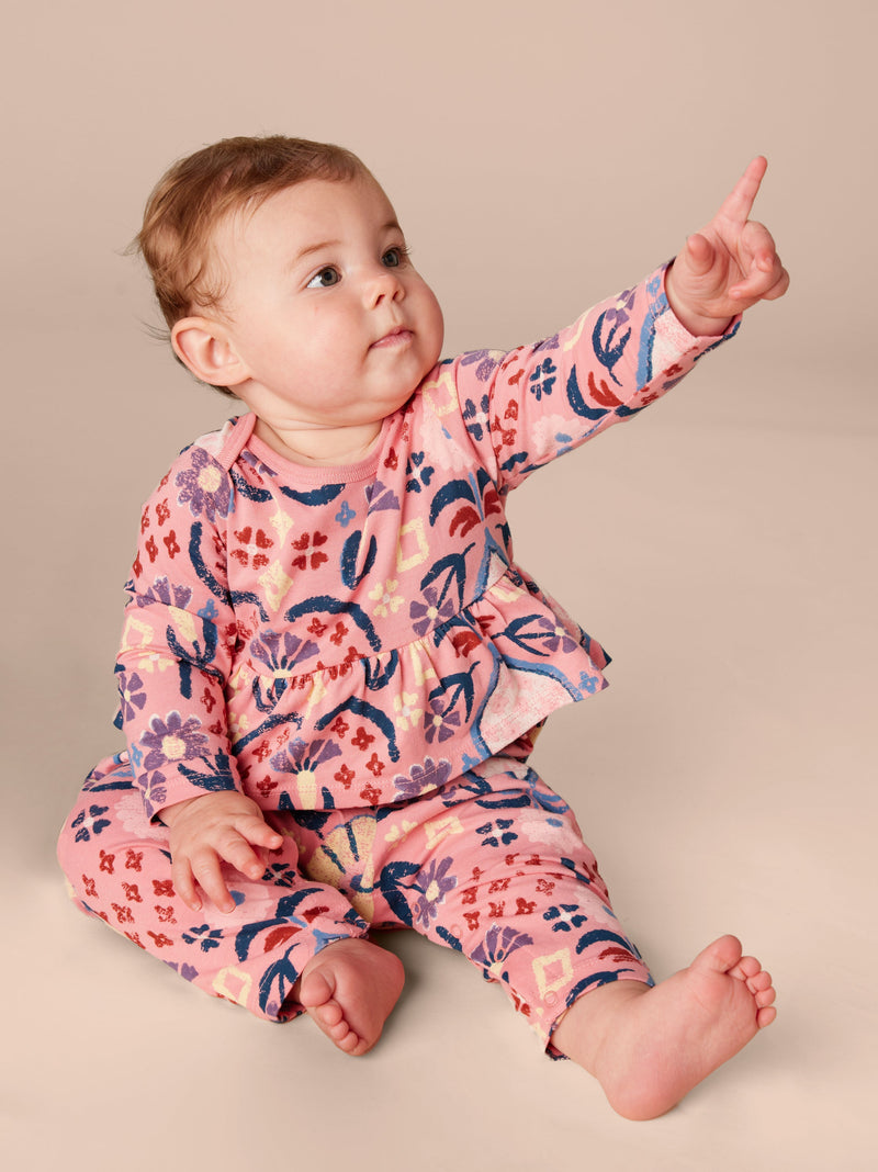 Pretty Peplum Baby Romper in Hariz Rug Floral In Mauveglow - View 2