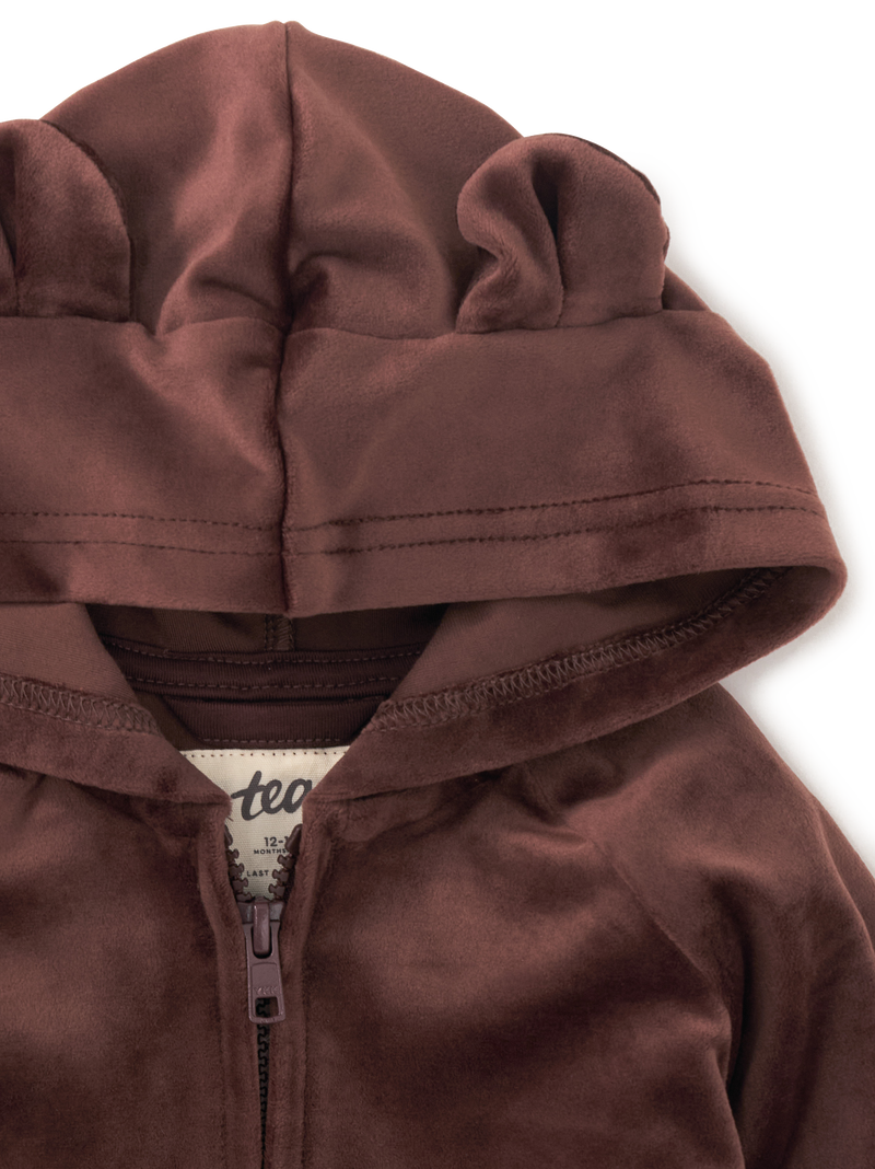 Bear Ears Velour Baby Hoodie in Chocolate - View 2