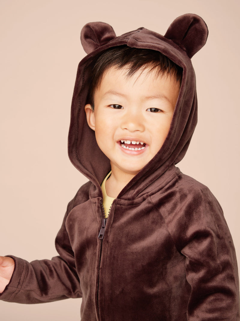 Bear Ears Velour Baby Hoodie in Chocolate - View 2