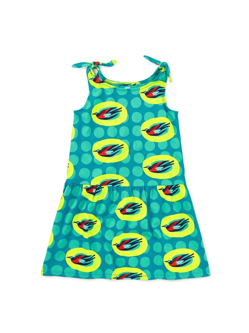 Tie Shoulder Drop Hem Dress in Starling Bird Wax Print - View 1