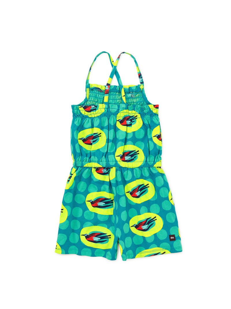 Smocked Sleeveless Romper in Starling Bird Wax Print - View 2
