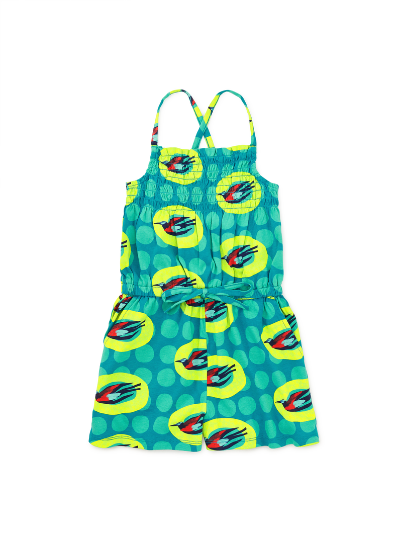 Smocked Sleeveless Romper in Starling Bird Wax Print - View 1