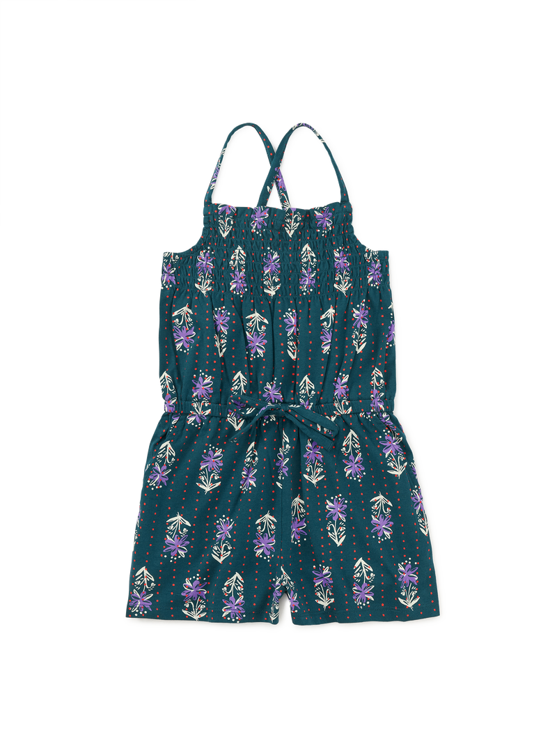 Smocked Sleeveless Romper in Caper Floral Blockprint - View 1