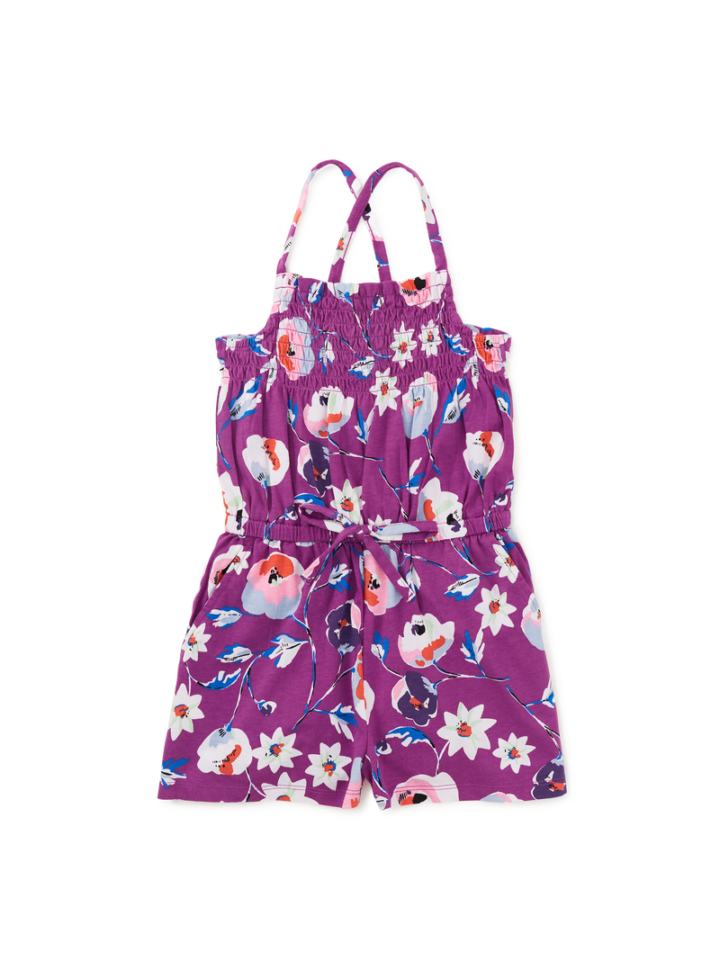 Smocked Sleeveless Romper in Swedish Flowers In Purple - View 1