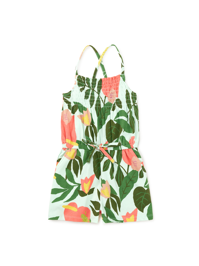 Smocked Sleeveless Romper in Tropical Floral - View 1