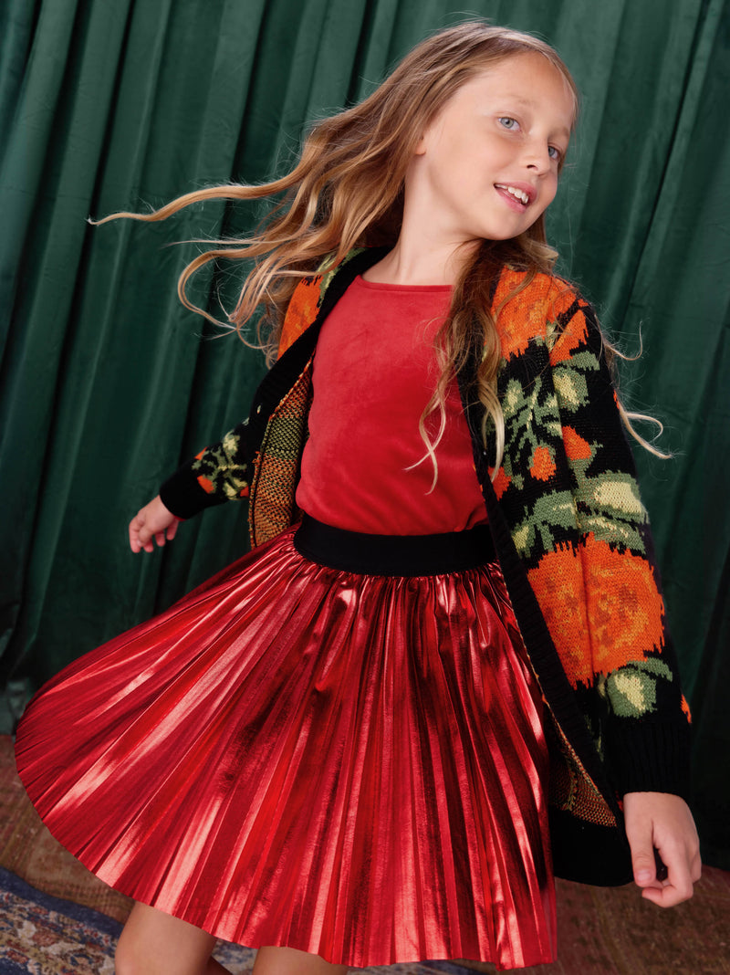 Pleated Metallic Twirl Skirt in Metallic Red - View 2