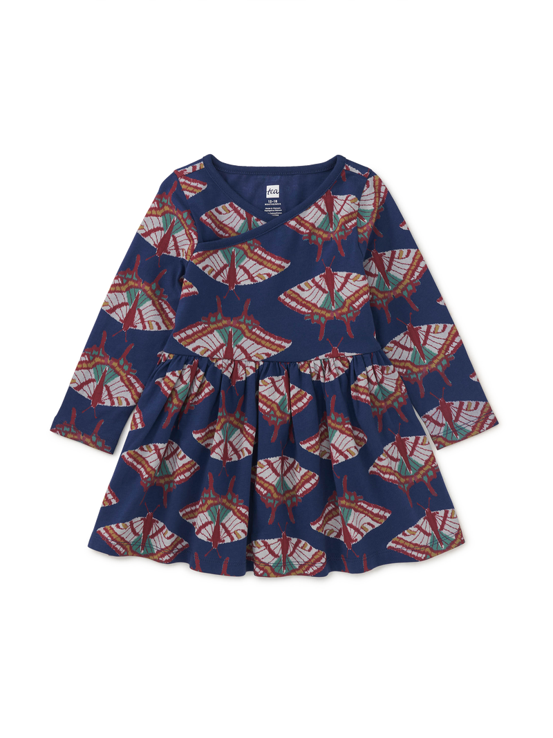 Long Sleeve Wrap Neck Dress in Ikat Butterfly - View 2