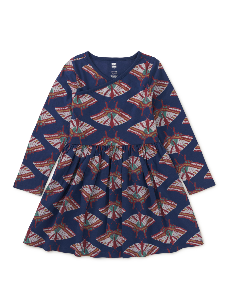 Long Sleeve Wrap Neck Dress in Ikat Butterfly - View 1