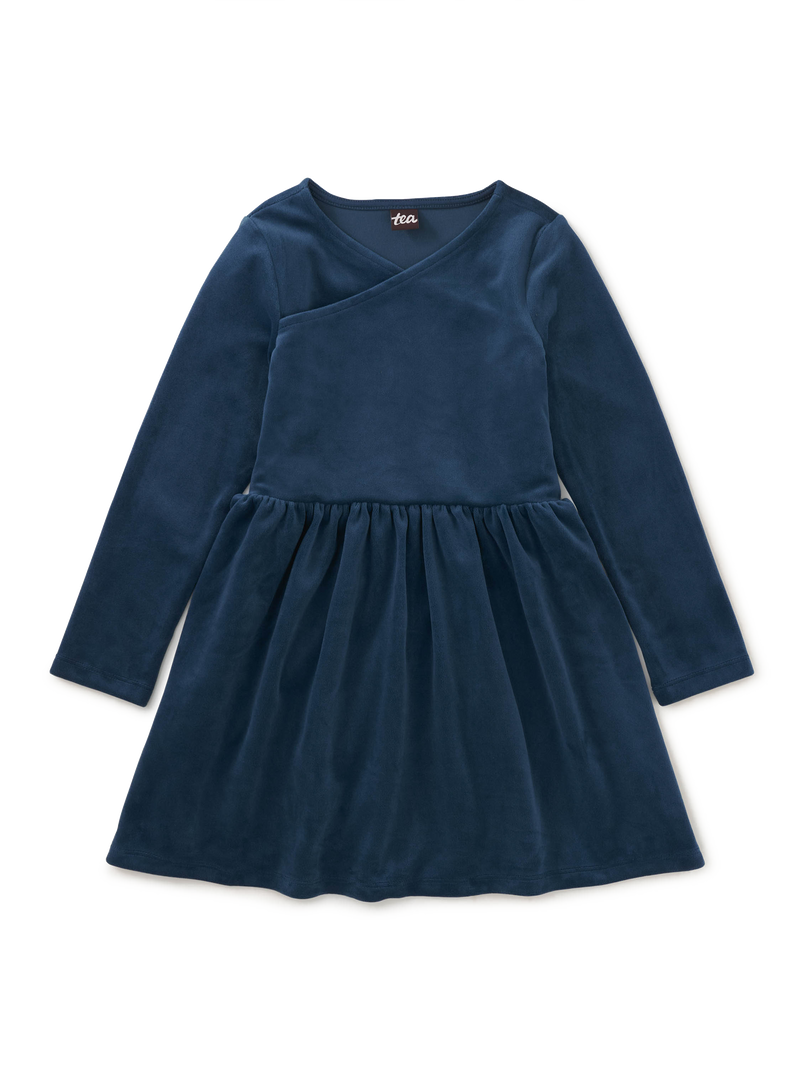 Velour Wrap Neck Dress in Bedford Blue - View 1