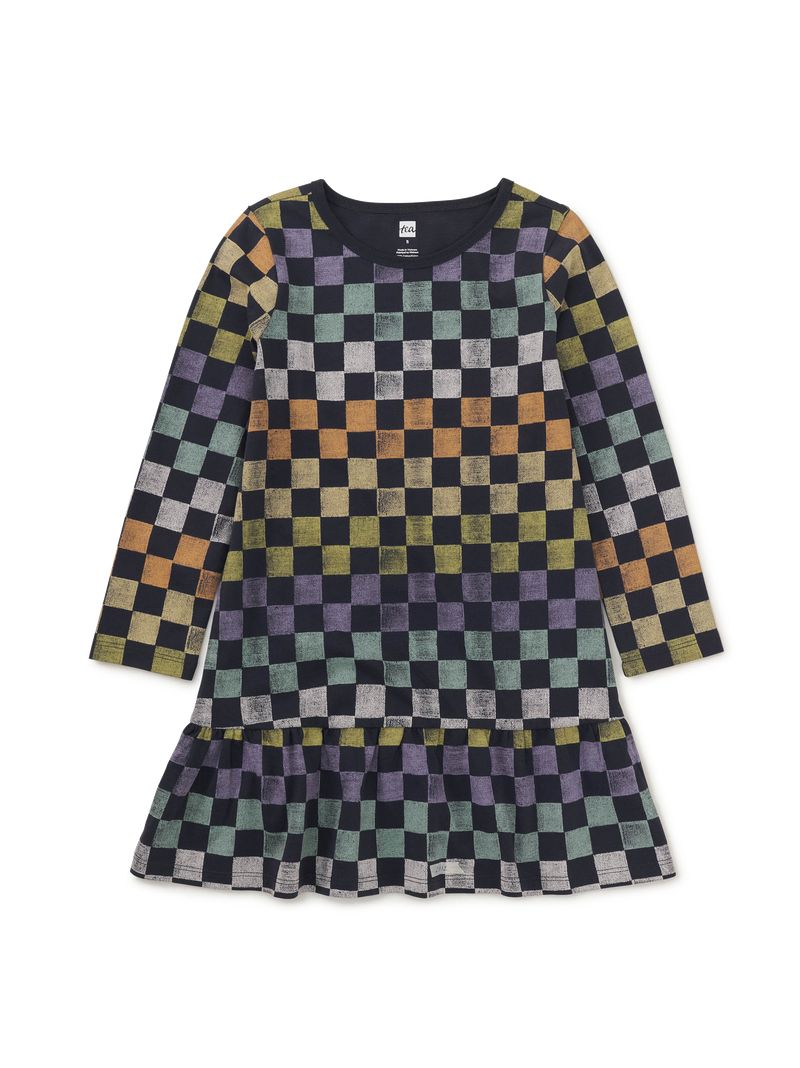 Long Sleeve Ruffle Hem Dress in Checkerboard - View 1