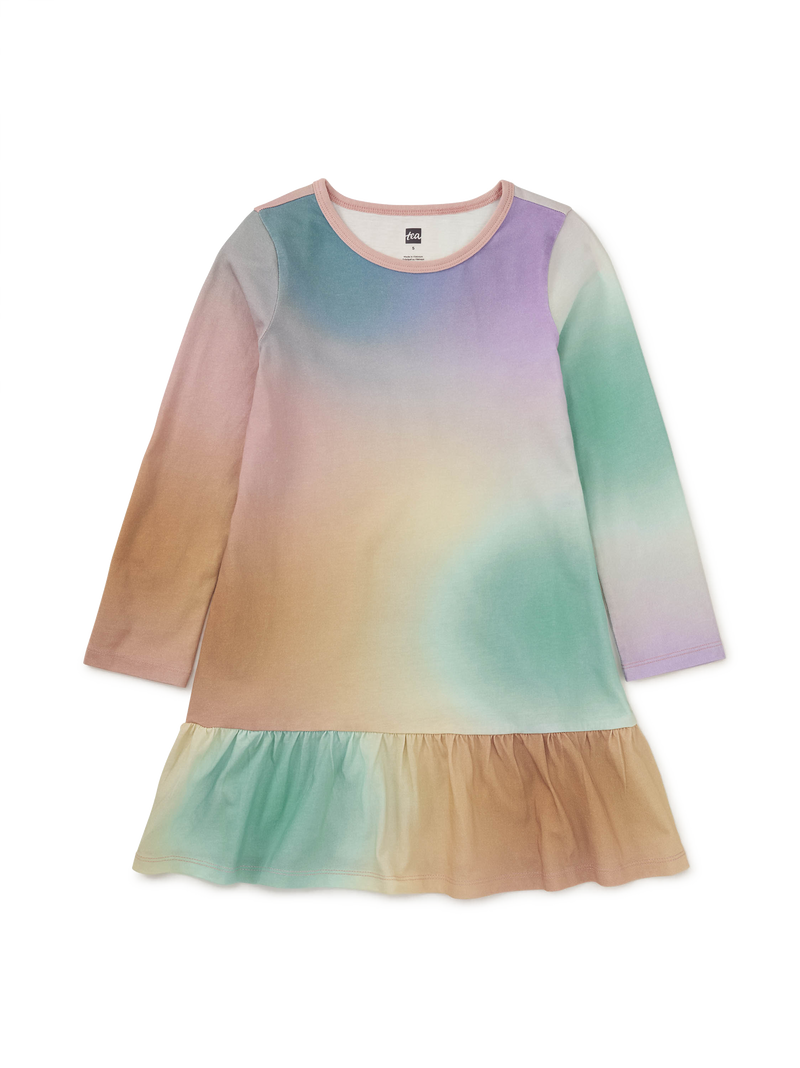 Long Sleeve Ruffle Hem Dress in Rainbow Gradient - View 1