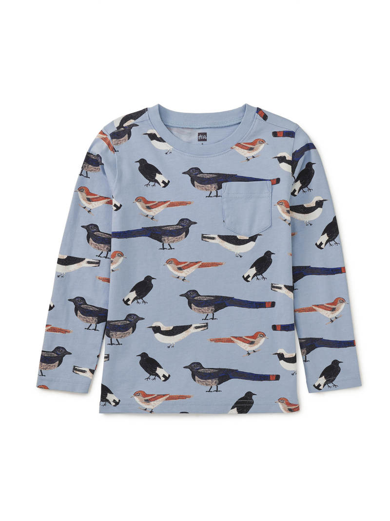 Long Sleeve Printed Pocket Tee in Nihats Birds - View 1