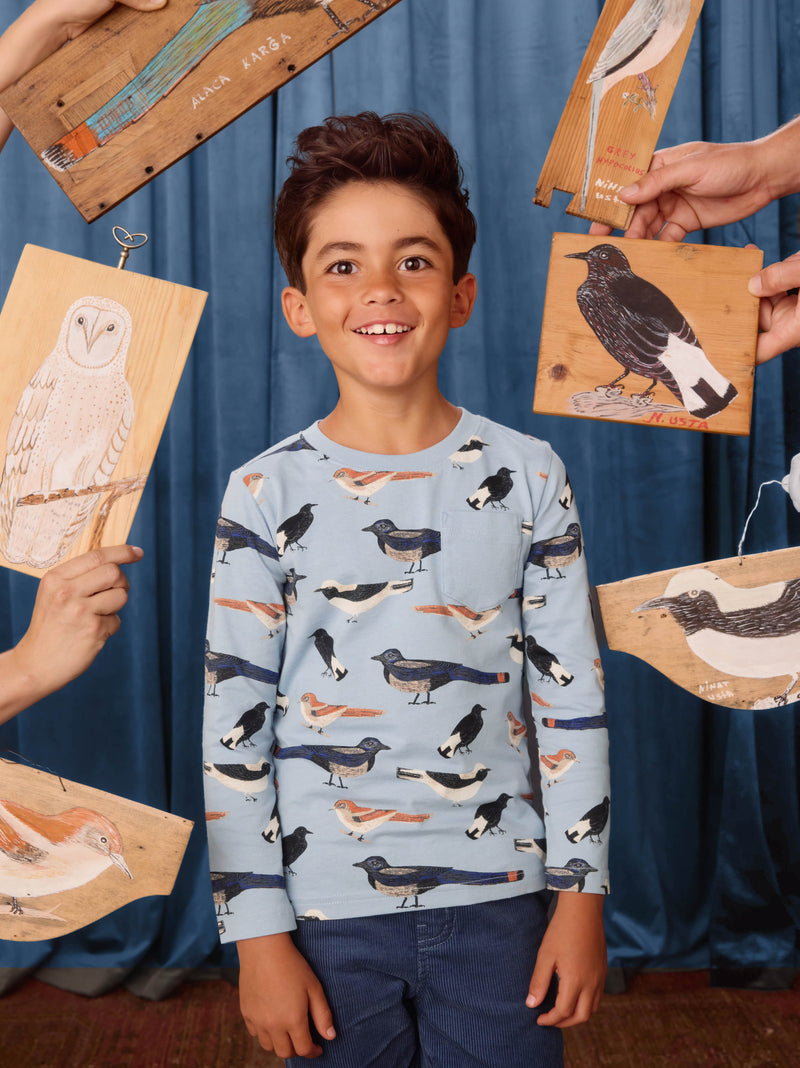 Long Sleeve Printed Pocket Tee in Nihats Birds - View 2