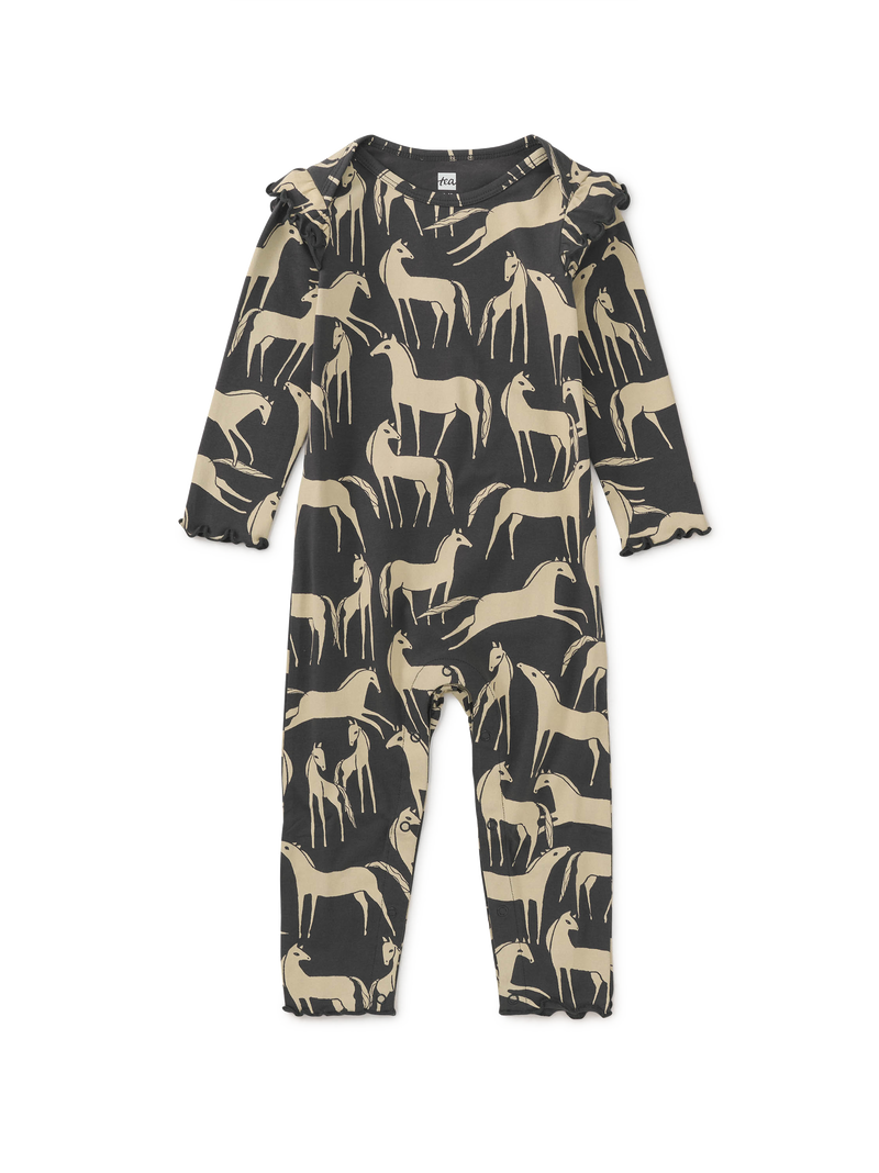 Ruffle Shoulder Baby Romper in Golden Horse - View 1