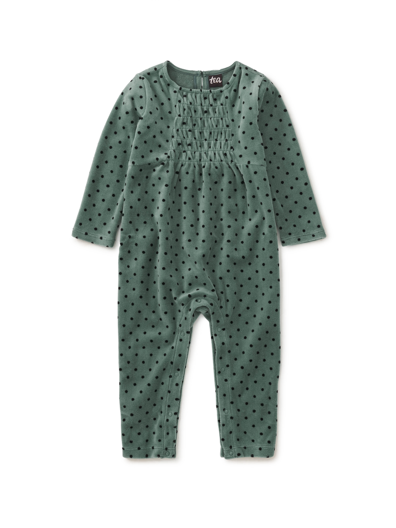 Smocked Baby Romper in Dot In Hydrangea - View 1