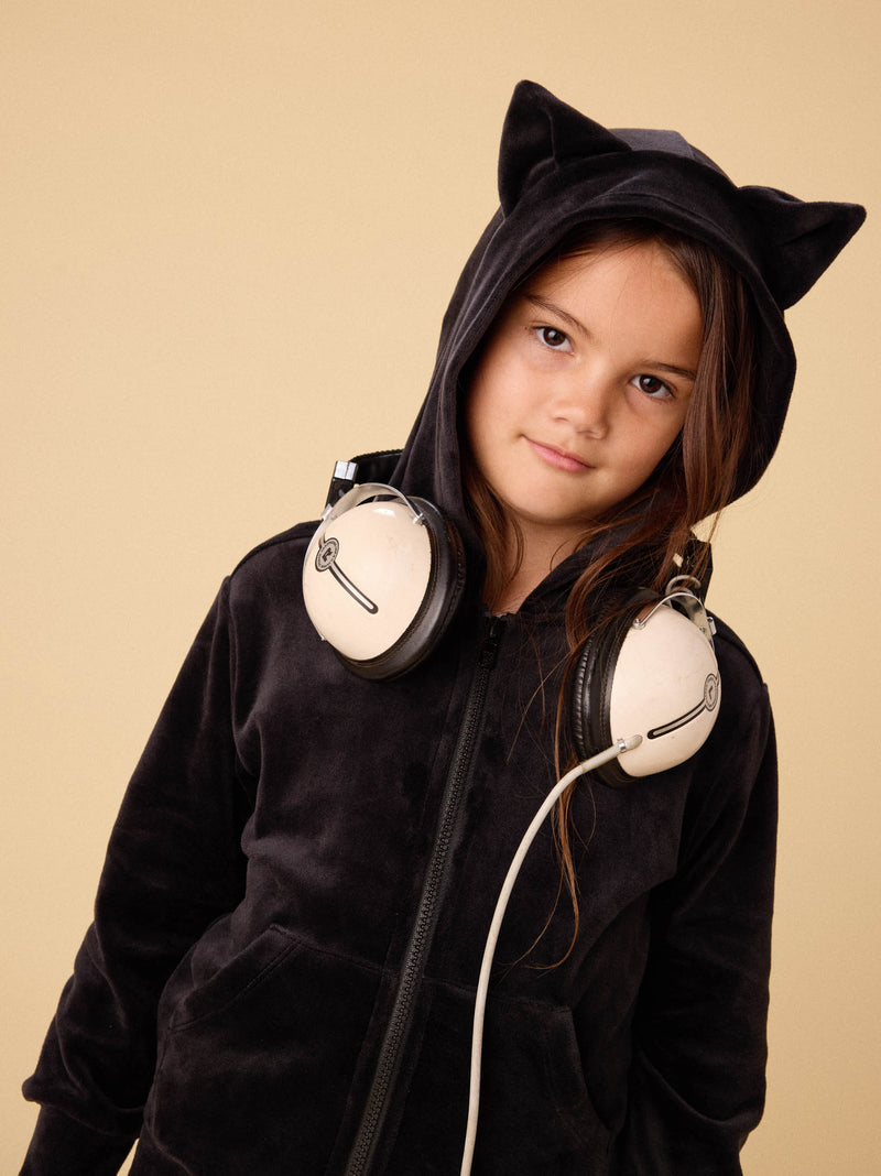 Cat Ears Velour Hoodie in Jet Black - View 2