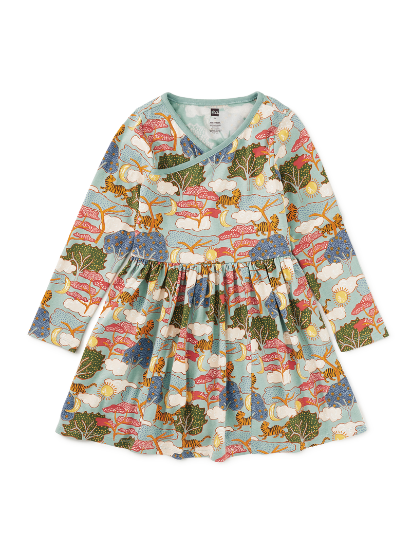 Long Sleeve Wrap Neck Dress in Sun And Moon Folktale - View 1