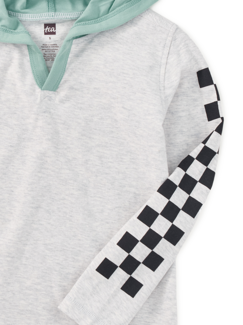Checker Sleeves Happy Hoodie in Light Grey Heather - View 2