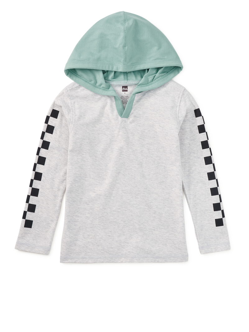 Checker Sleeves Happy Hoodie in Light Grey Heather - View 1