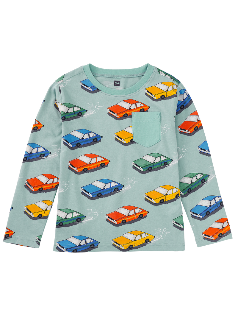 Long Sleeve Printed Pocket Tee in Vintage Cars - View 1