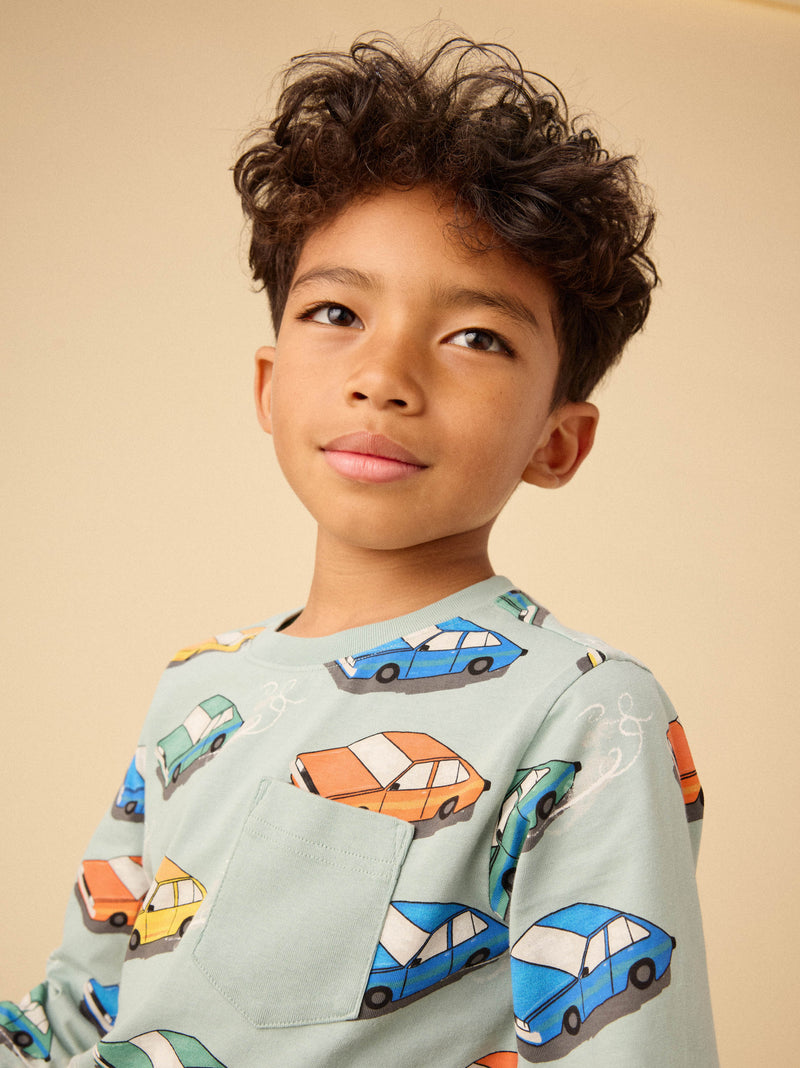 Long Sleeve Printed Pocket Tee in Vintage Cars - View 2