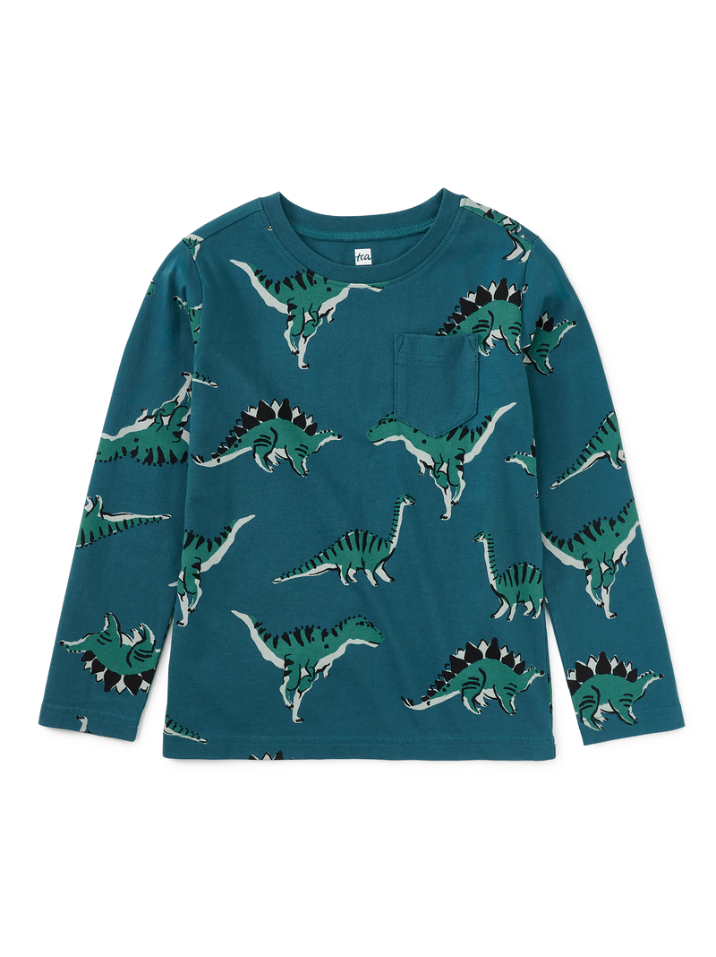 Long Sleeve Printed Pocket Tee in Dynamic Dinos - View 1