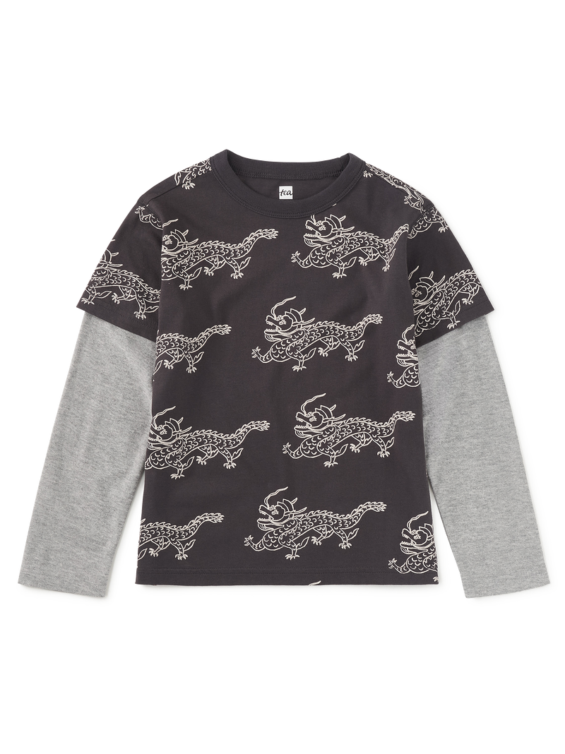 Printed Layered Sleeve Tee in Korean Pottery Dragon - View 1
