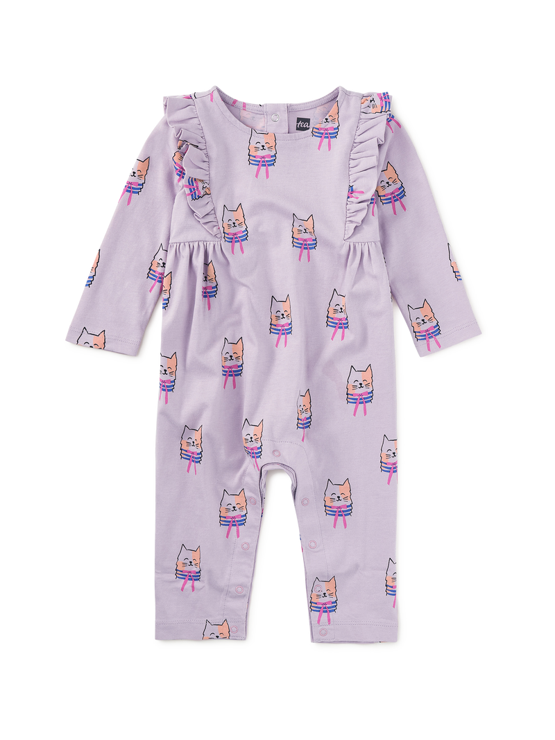 Ruffle Shoulder Baby Romper in Bow Tie Cats - View 1