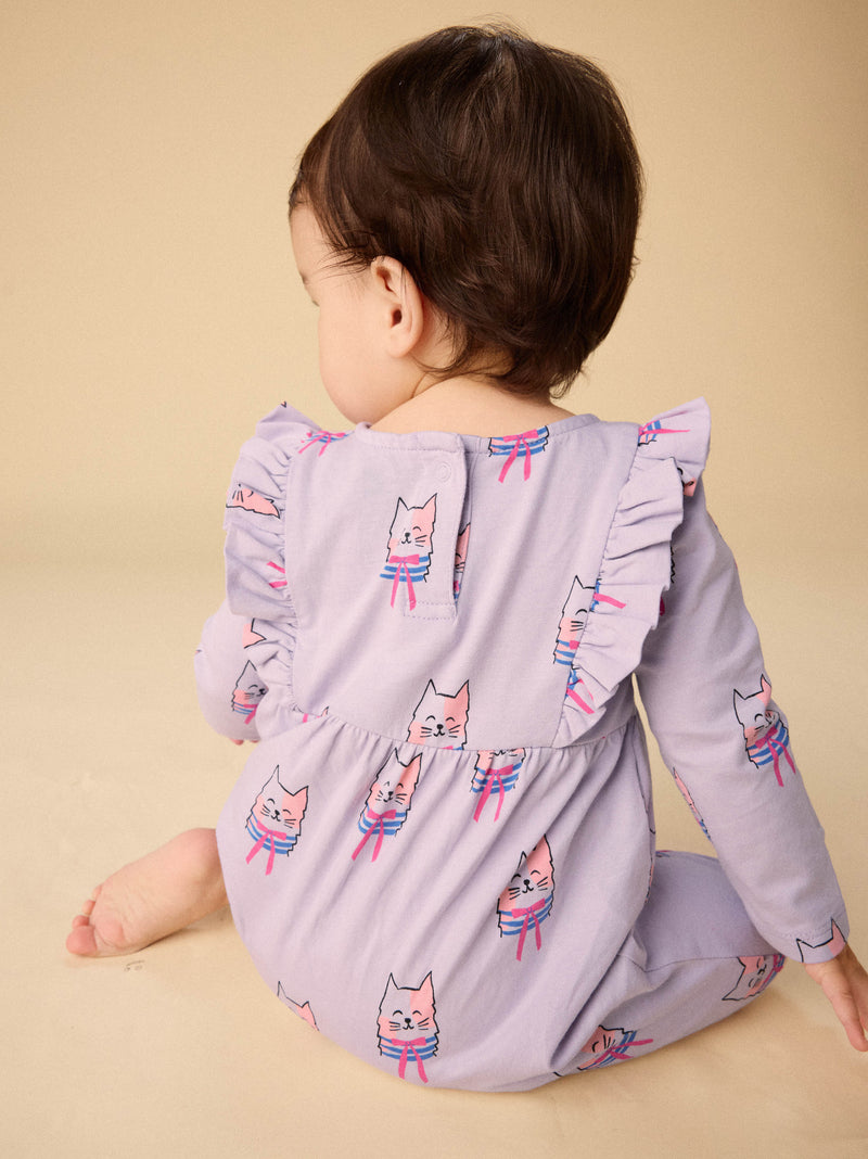 Ruffle Shoulder Baby Romper in Bow Tie Cats - View 2