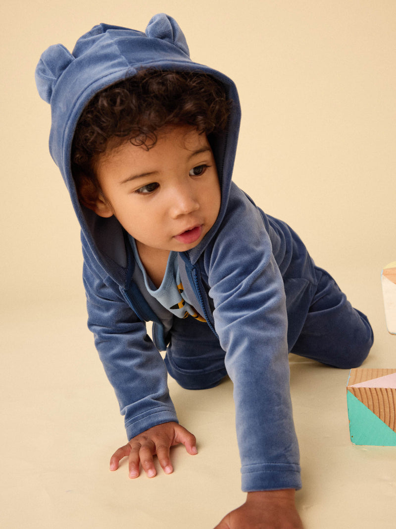 Bear Ears Velour Baby Hoodie in Naval Blue - View 2