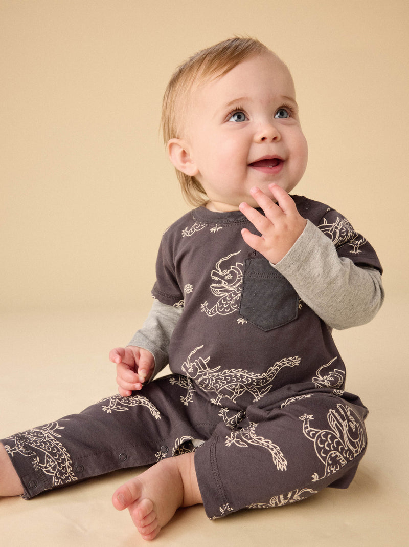 Layered Button-Up Baby Romper in Korean Pottery Dragon - View 2