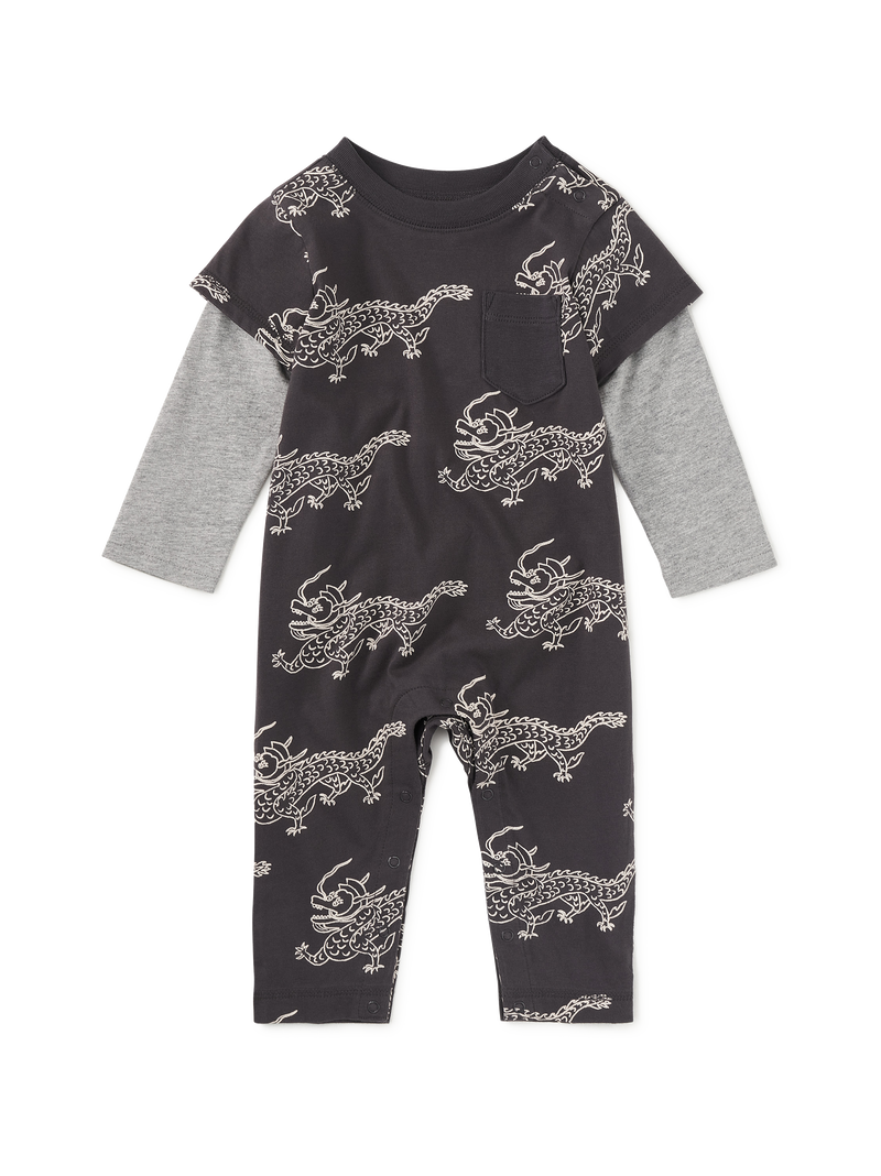 Layered Button-Up Baby Romper in Korean Pottery Dragon - View 1