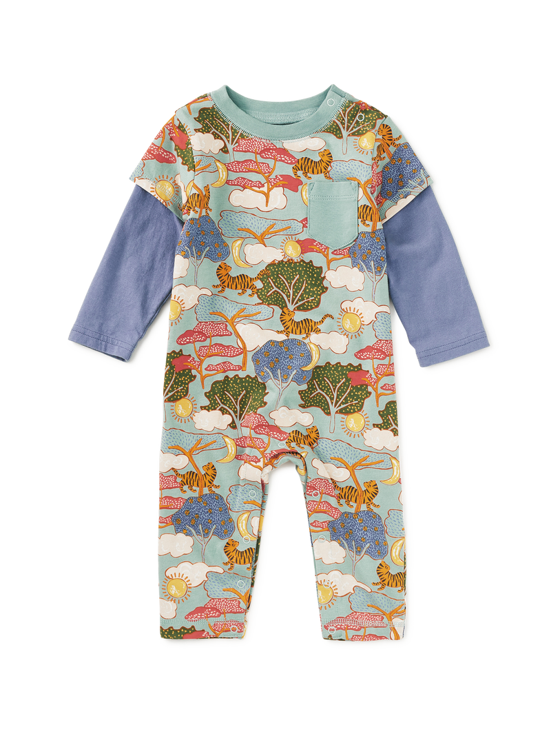 Layered Button-Up Baby Romper in Sun And Moon Folktale - View 1