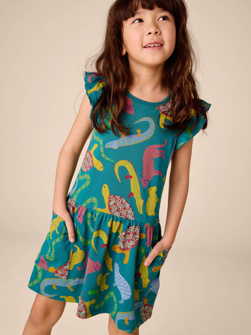 Flutter Sleeve Pocket Dress in Brazilian Folk Animals - View 2