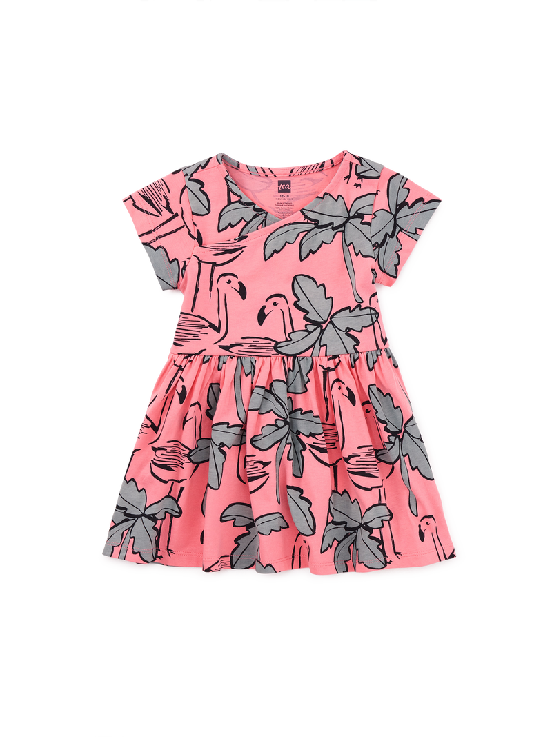Short Sleeve Wrap Neck Dress in Flamingo Sketch - View 2