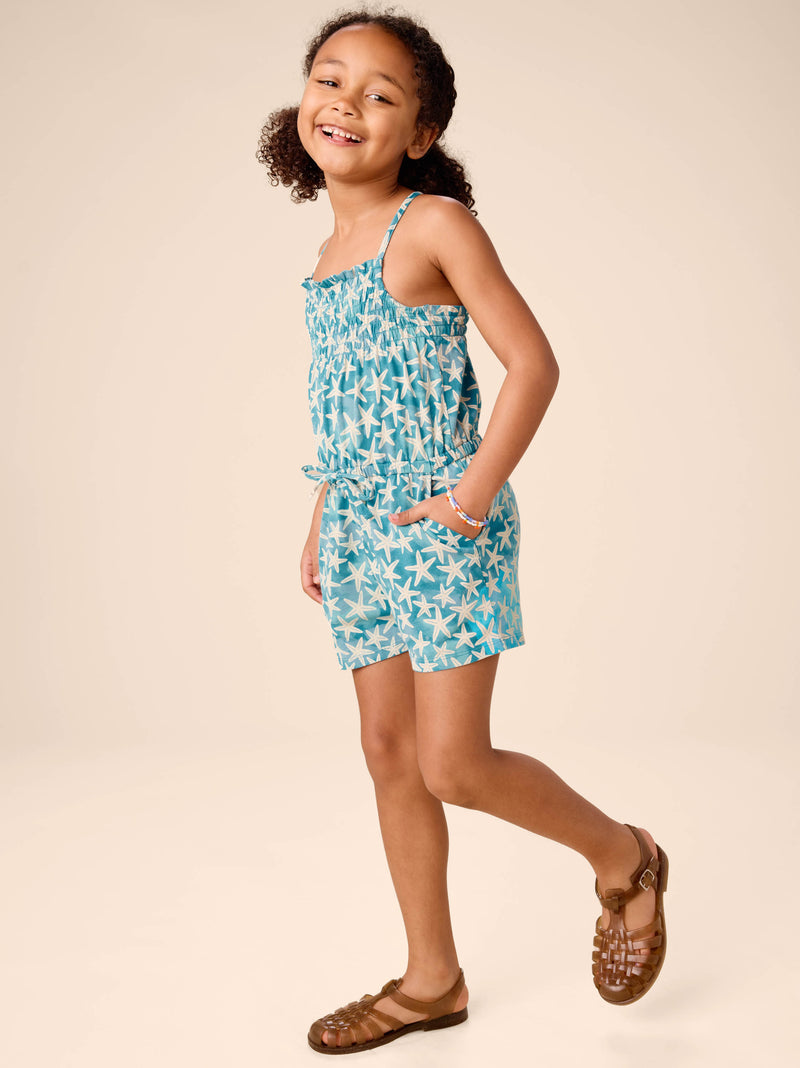 Smocked Strappy Romper in Watercolor Starfish - View 2