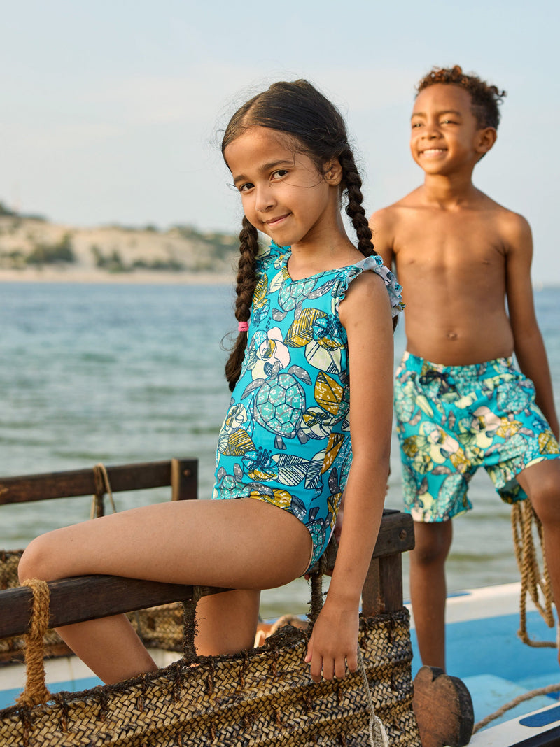 Ruffle One-Piece Swimsuit in Turtle Floral Wax Print - View 2
