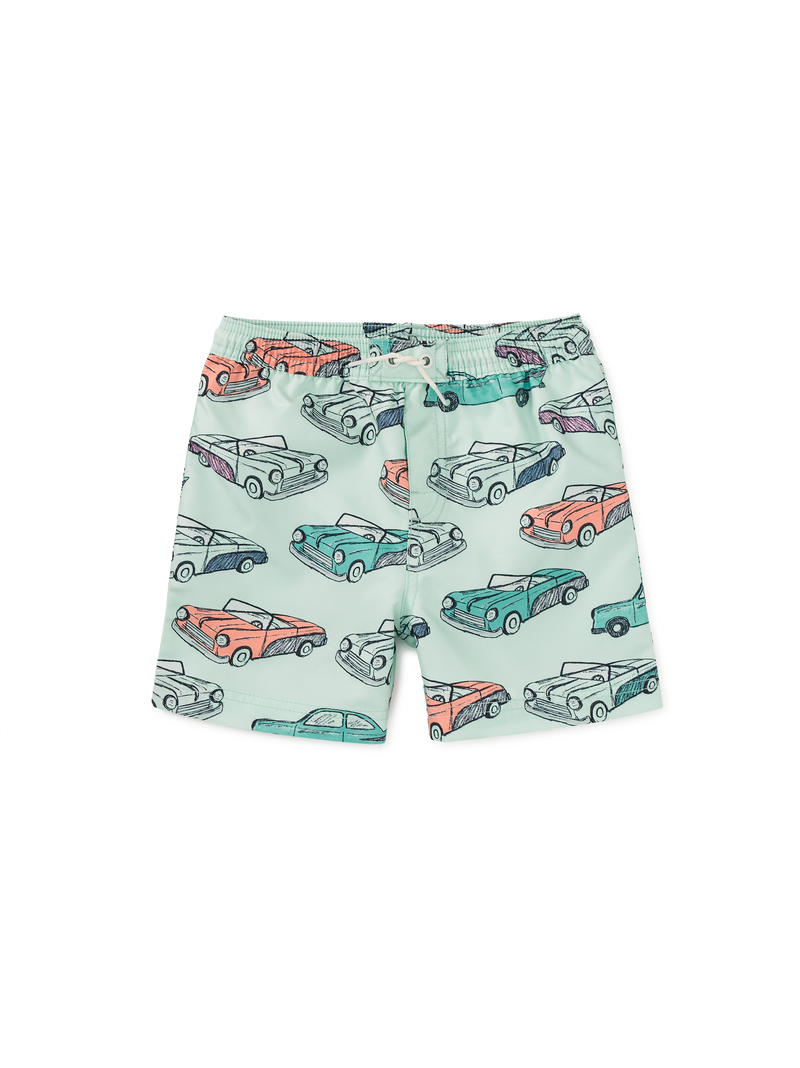 Mid-Length Swim Trunks in Cuban Cars In Green - View 1