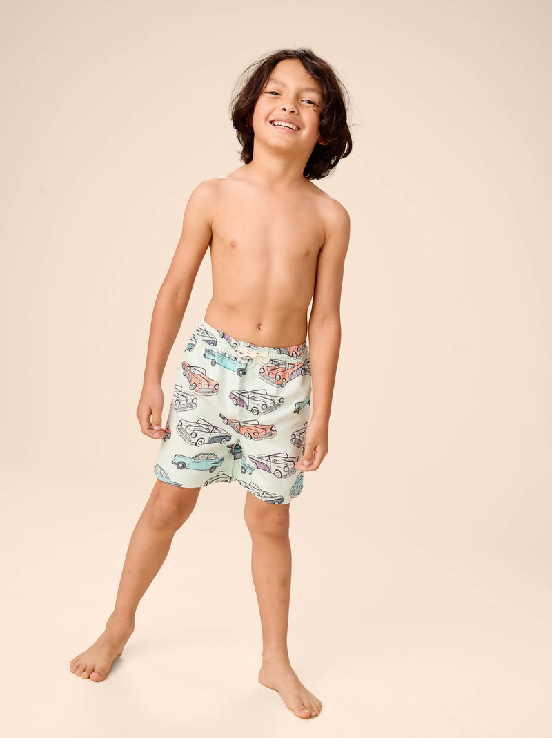 Mid-Length Swim Trunks in Cuban Cars In Green - View 2