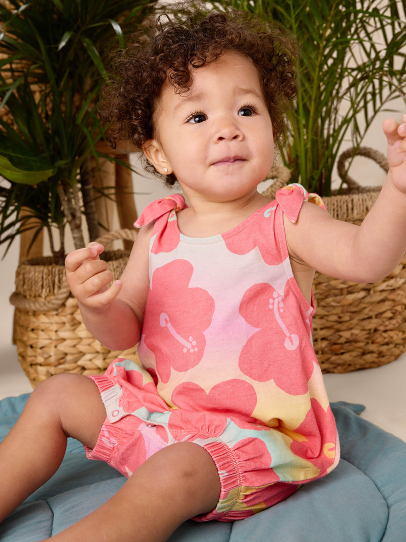 Tie Shoulder Baby Romper in Rainbow Hibiscus - View 2