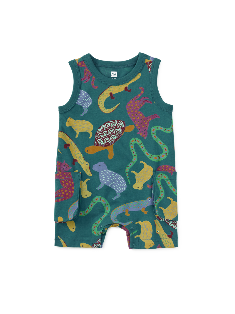Sleeveless Baby Romper in Brazilian Folk Animals - View 1