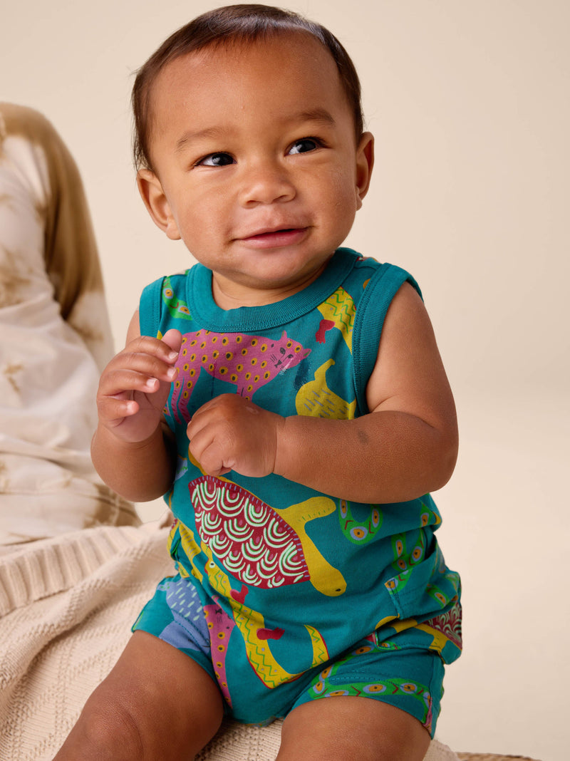 Sleeveless Baby Romper in Brazilian Folk Animals - View 2