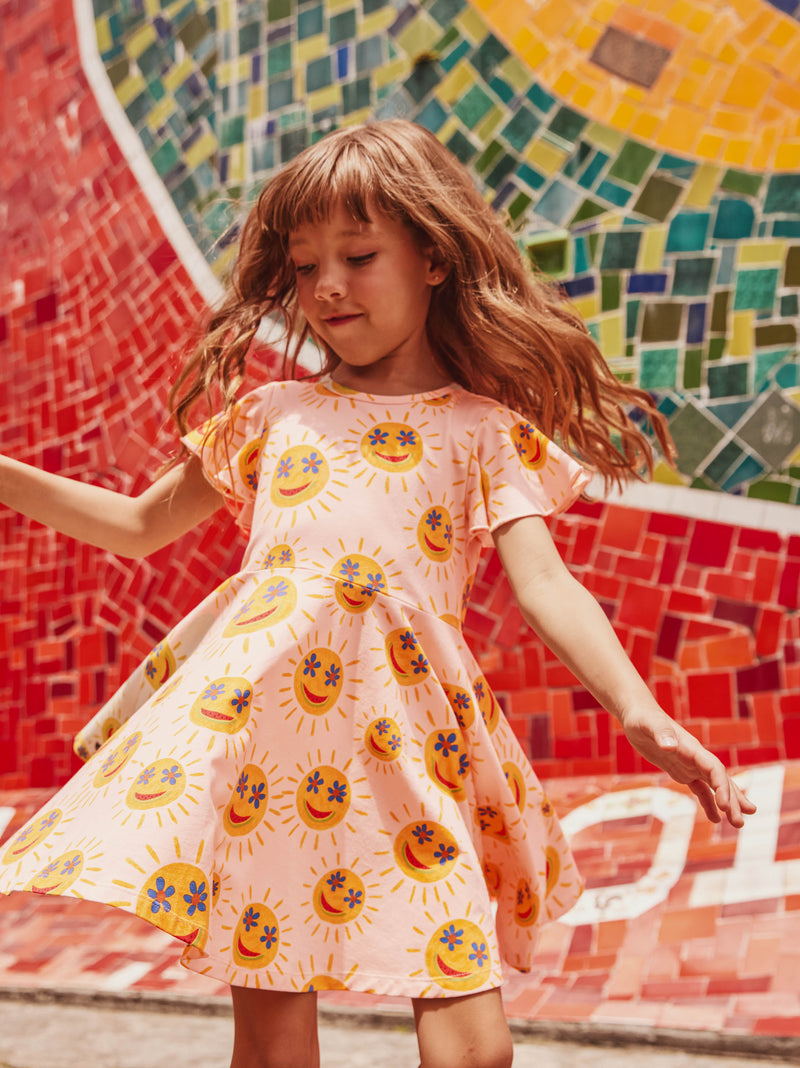 Flutter Sleeve Twirl Dress in Smiley Sun - View 2