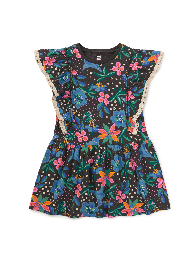 Crochet Trim Ruffle Dress in Brazilian Painted Floral - View 1