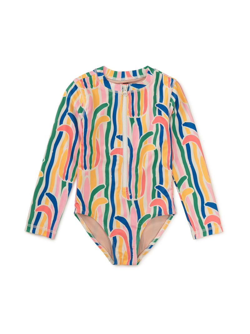 Long Sleeve One-Piece Swimsuit in Rainbow Pineapple Stripe - View 1